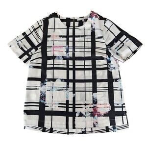 Daniel Rainn Black White Plaid Floral Print Short Sleeve Zipper Back Top M  A44